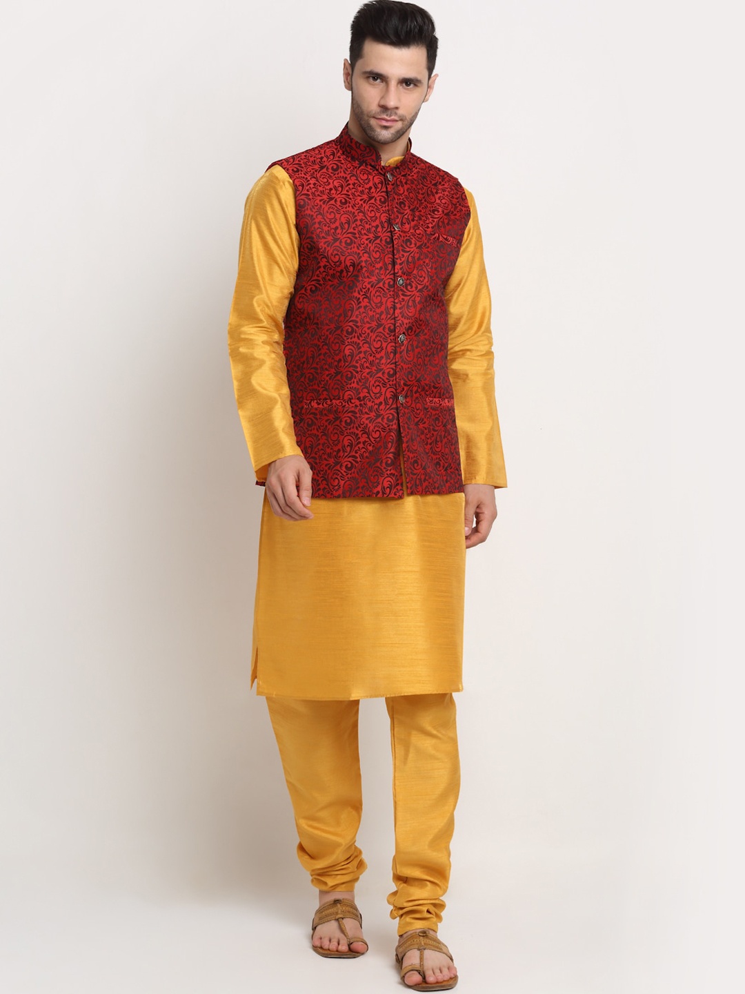 

KRAFT INDIA Kurta with Churidar & Jacquard Nehru Jacket, Mustard