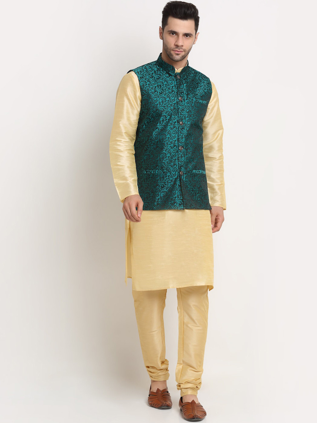 

KRAFT INDIA Men Gold-Toned Paisley Kurta with Churidar & Nehru Jacket Set