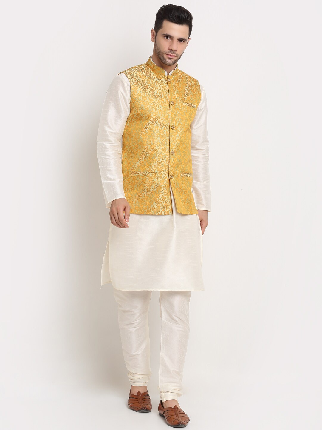 

KRAFT INDIA Kurta & Churidar with Jacquard Nehru Jacket, Cream