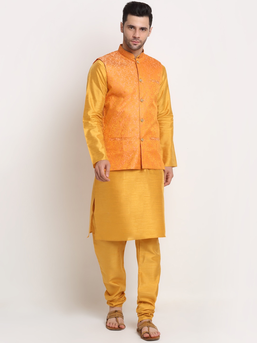 

KRAFT INDIA Dupion Silk Kurta With Churidar & Nehru Jacket, Mustard