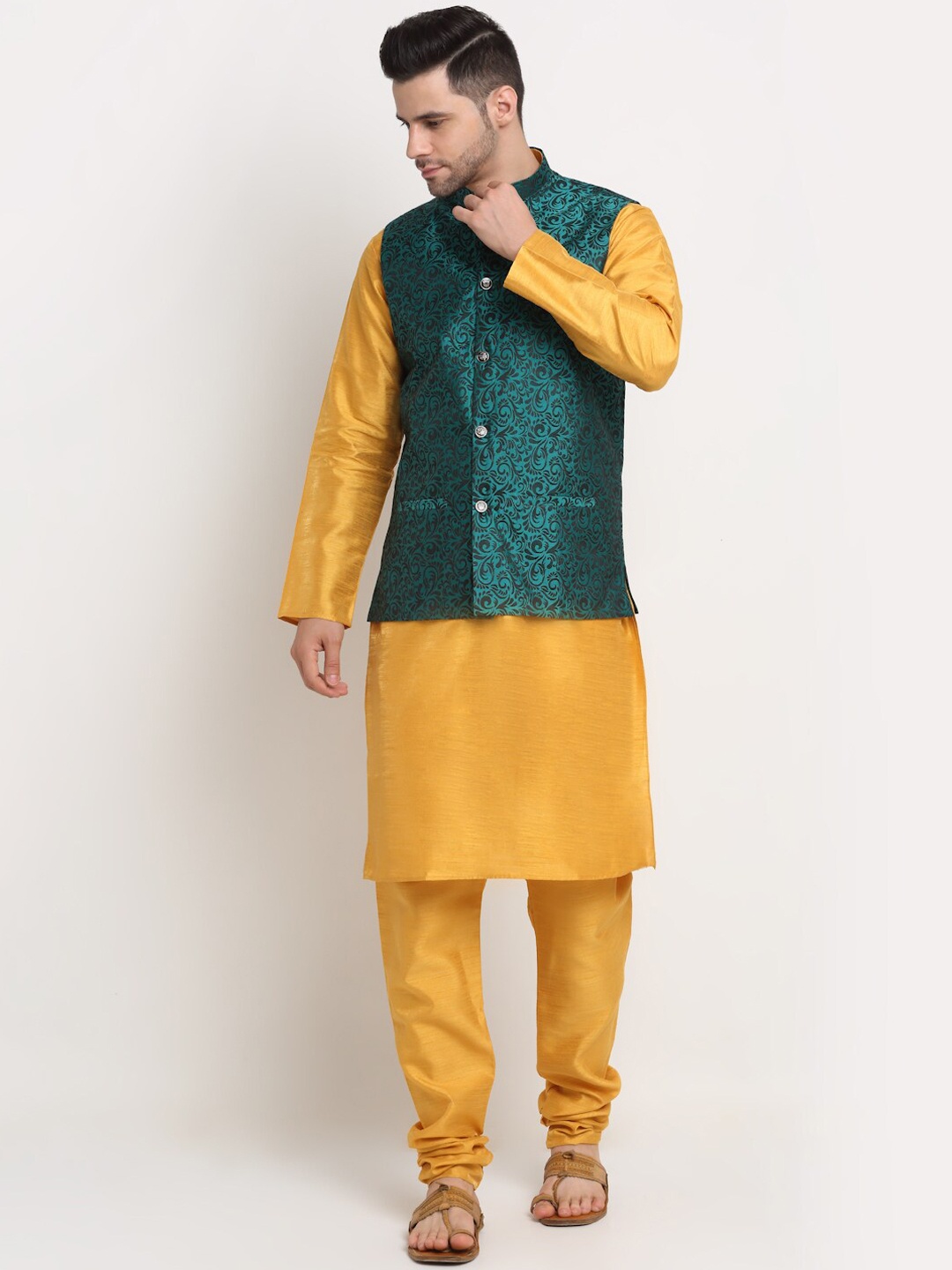 

KRAFT INDIA Men Kurta With Churidar & Nehru jacket, Mustard