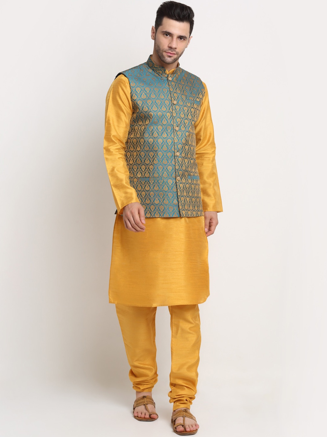 

KRAFT INDIA Dupion Silk Kurta With Churidar & Nehru Jacket, Mustard