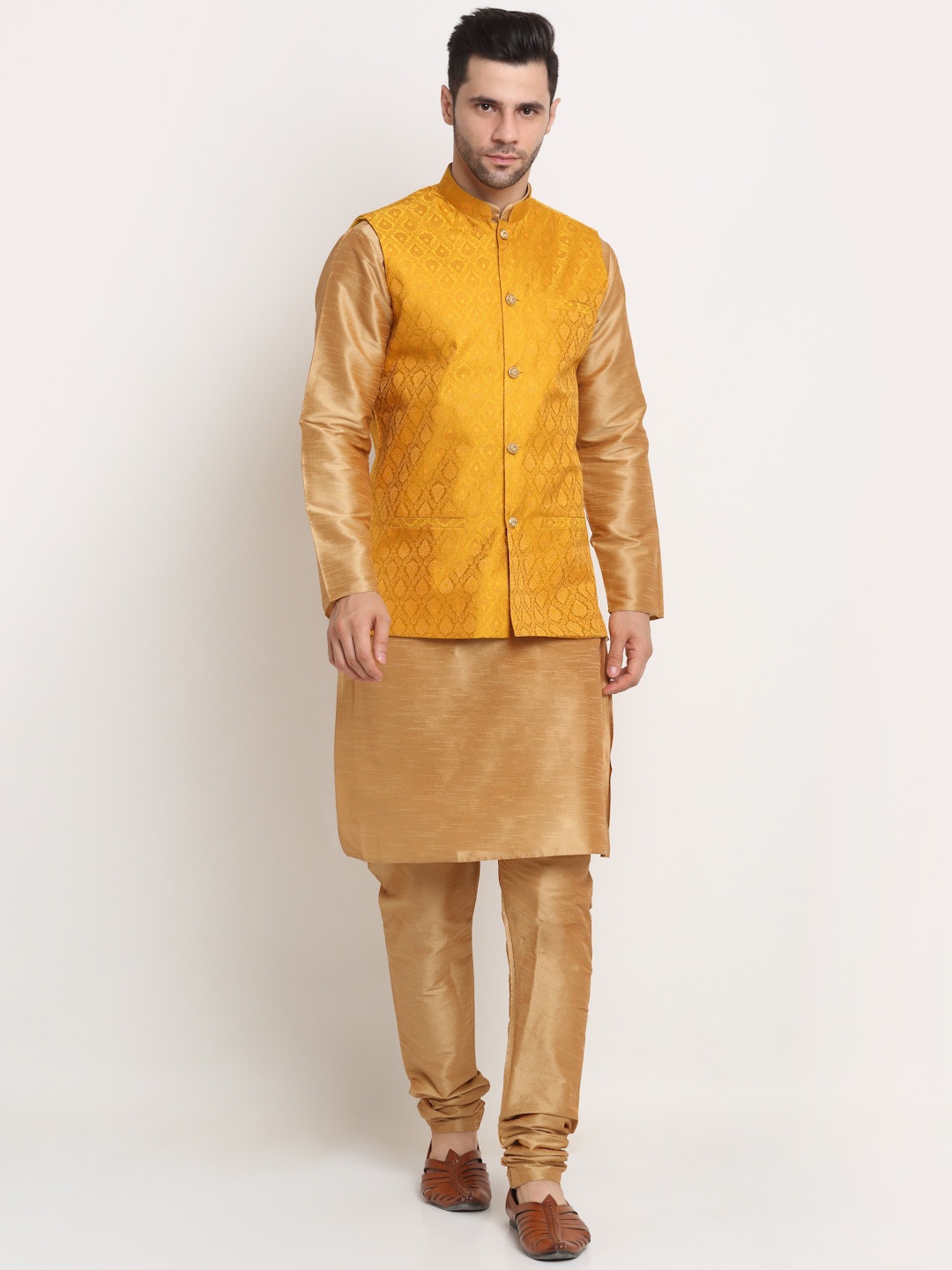 

KRAFT INDIA Men Kurta & Churidar With Nehru Jacket, Gold