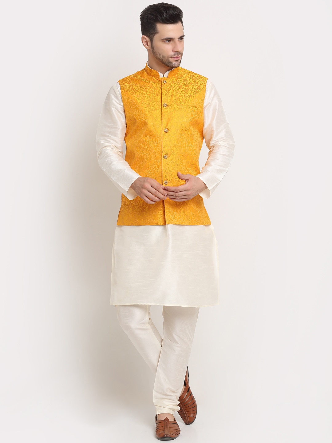 

KRAFT INDIA Men Cream-Coloured Kurta & Churidar with Yellow Nehru Jacket