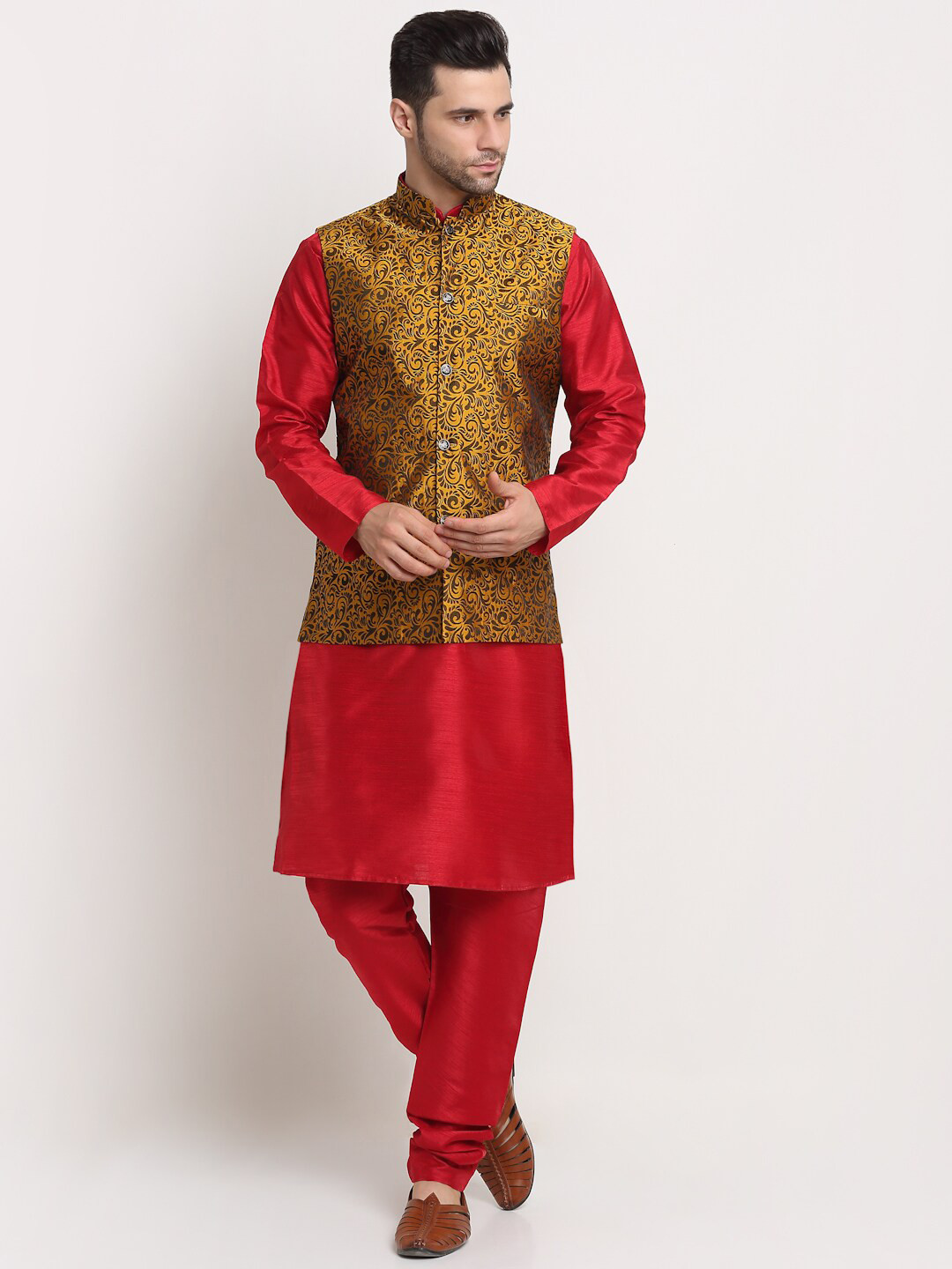 

KRAFT INDIA Dupion Silk Kurta With Churidar & Nehru Jacket, Maroon