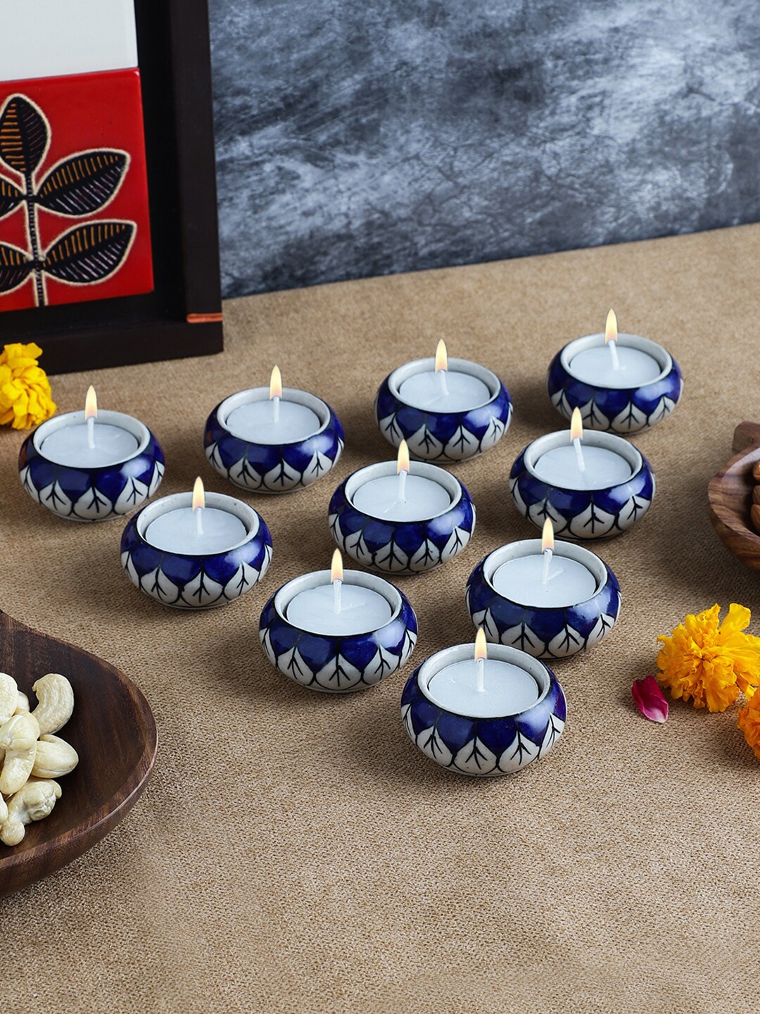 

VarEesha Navy Blue Set of 10 Handmade Ceramic Tea Light Candle Holders with Tea Lights