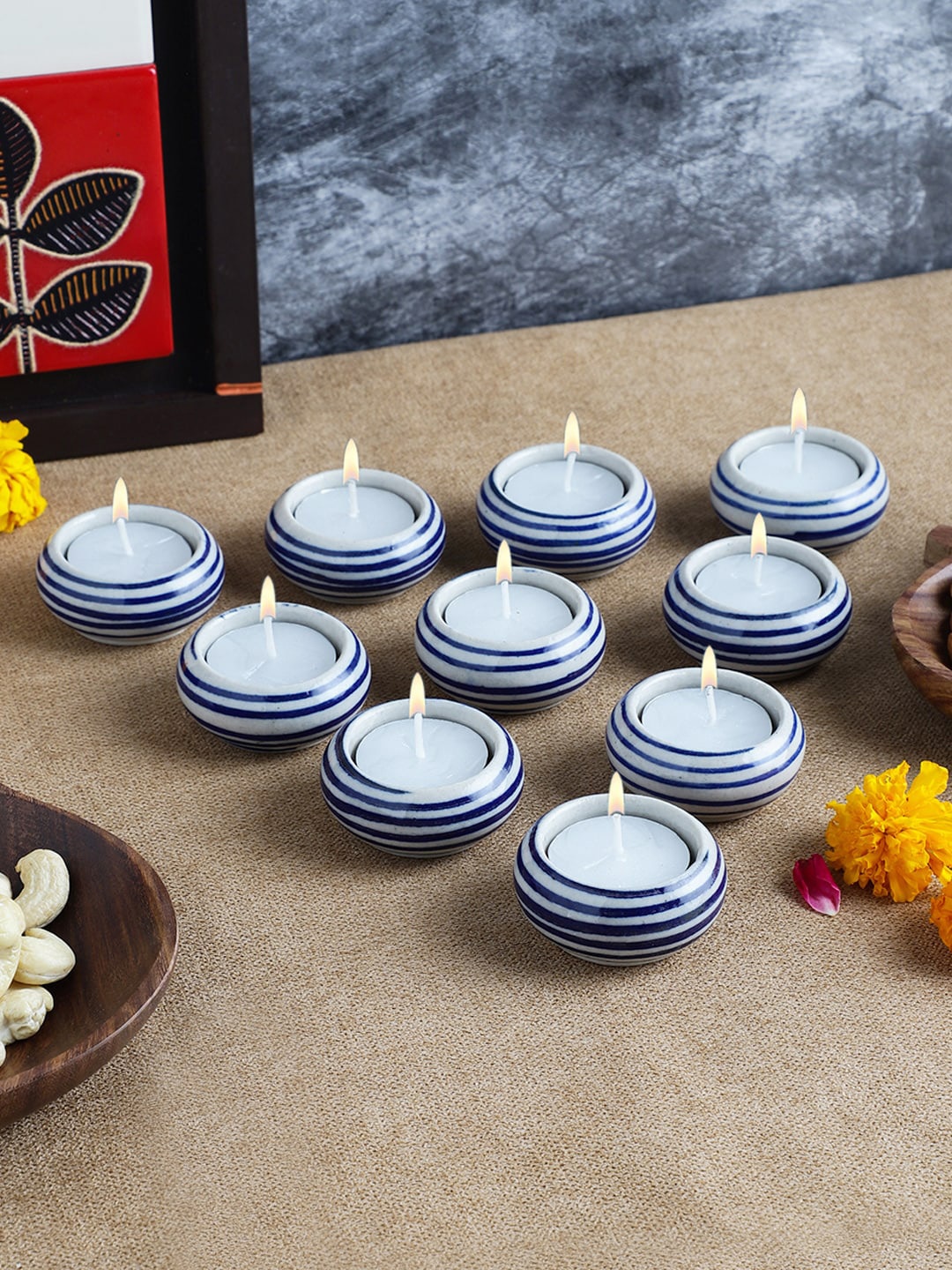 

VarEesha Set Of 10 Blue Striped Diyas With Tea Light Candles