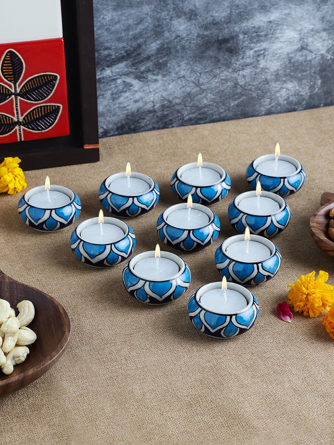 

VarEesha Blue & White Set Of 10 Ceramic Candle Holders