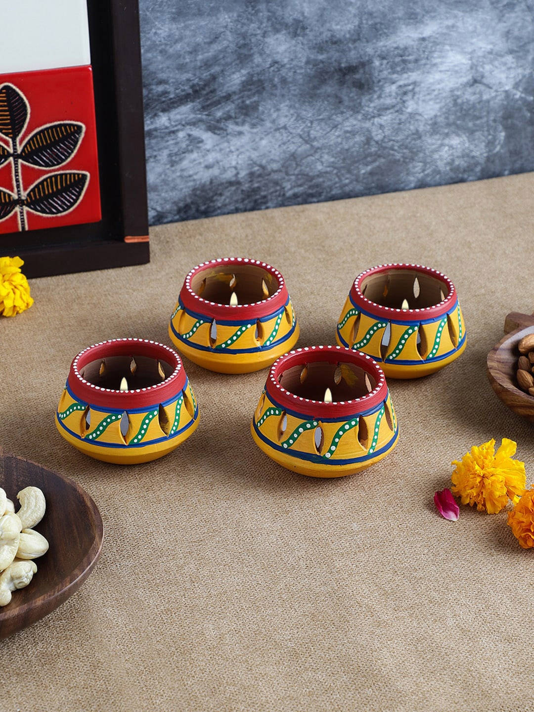 

VarEesha Set Of 4 Yellow Terracotta Clay Diyas