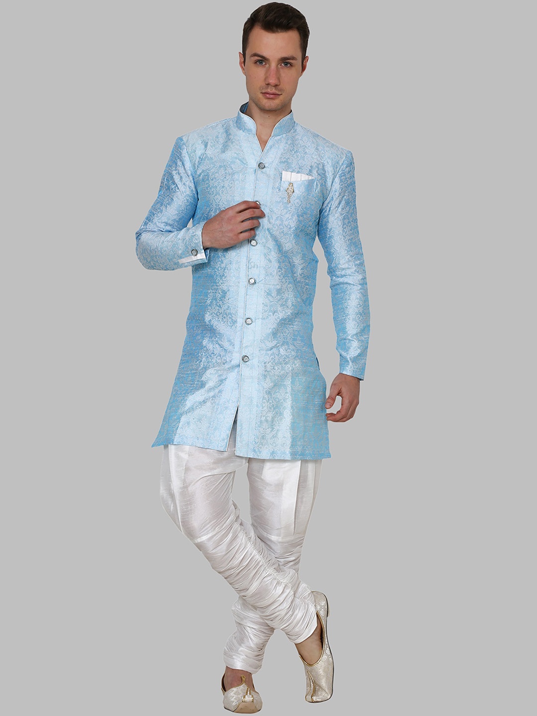 

ROYAL KURTA Men Blue & White Floral Print Jacquard Silk Sherwani