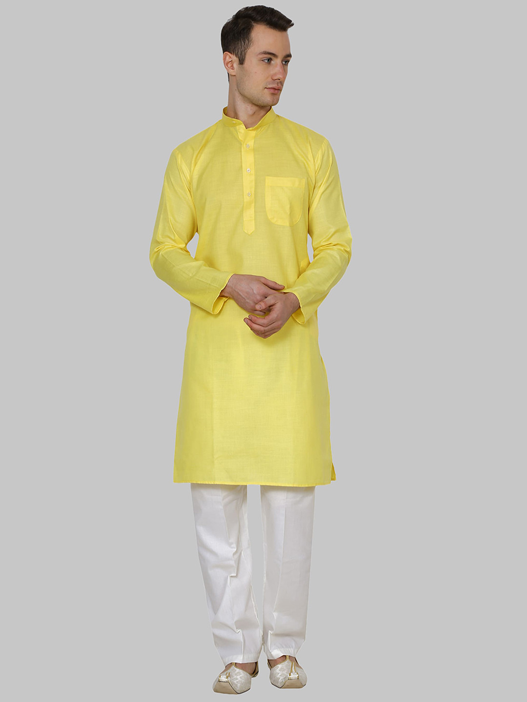 

ROYAL KURTA Men Yellow Solid Cotton Blend Straight Kurta with Pyjamas