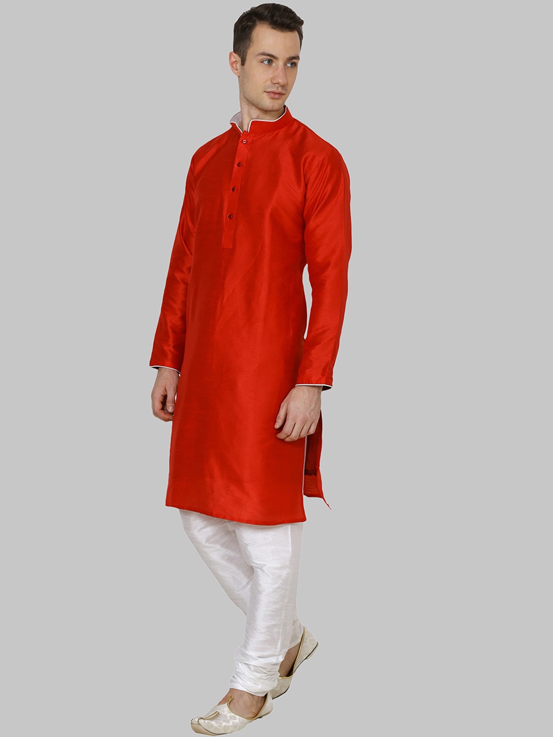 

ROYAL KURTA Men Red And Off White Solid Mandarin Collar Dupion Silk Kurta With Churidar