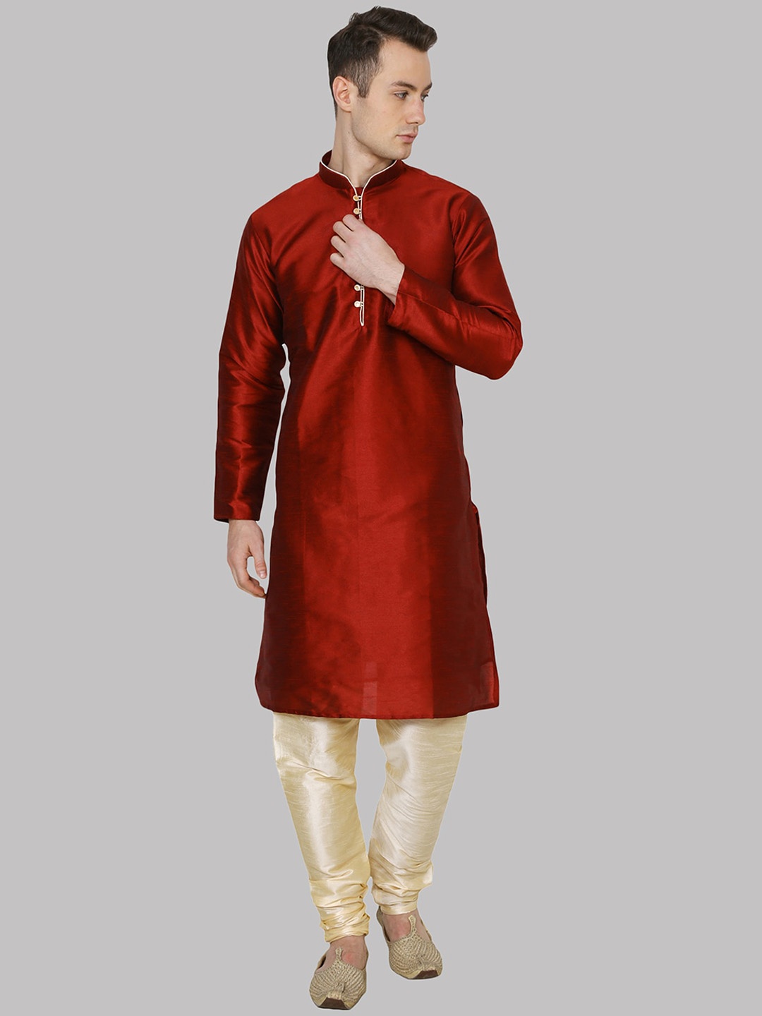 

ROYAL KURTA Men Maroon & Gold Solid Dupion Silk Straight Kurta with Churidar