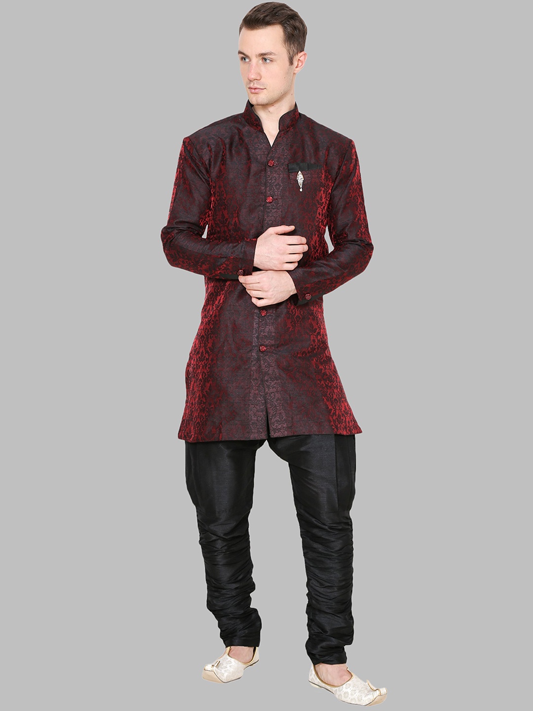 

Royal Kurta Men Maroon & Black Floral Print Jacquard Silk Sherwani