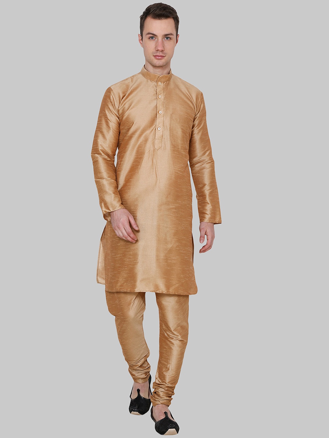 

ROYAL KURTA Men Gold Solid Dupion Silk Straight Kurta with Churidar