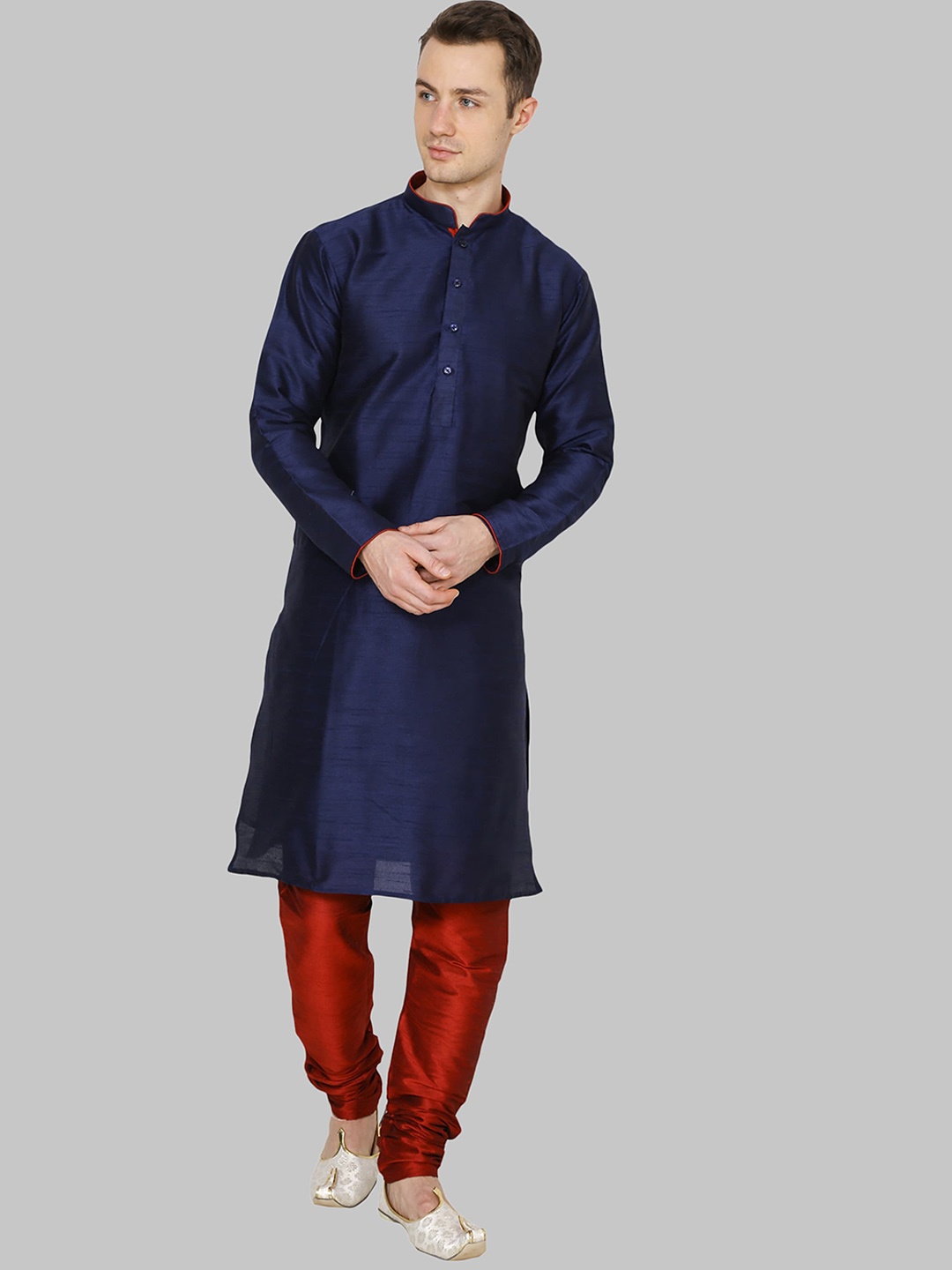 

ROYAL KURTA Men Navy Blue & Maroon Solid Dupion Silk Kurta with Churidar