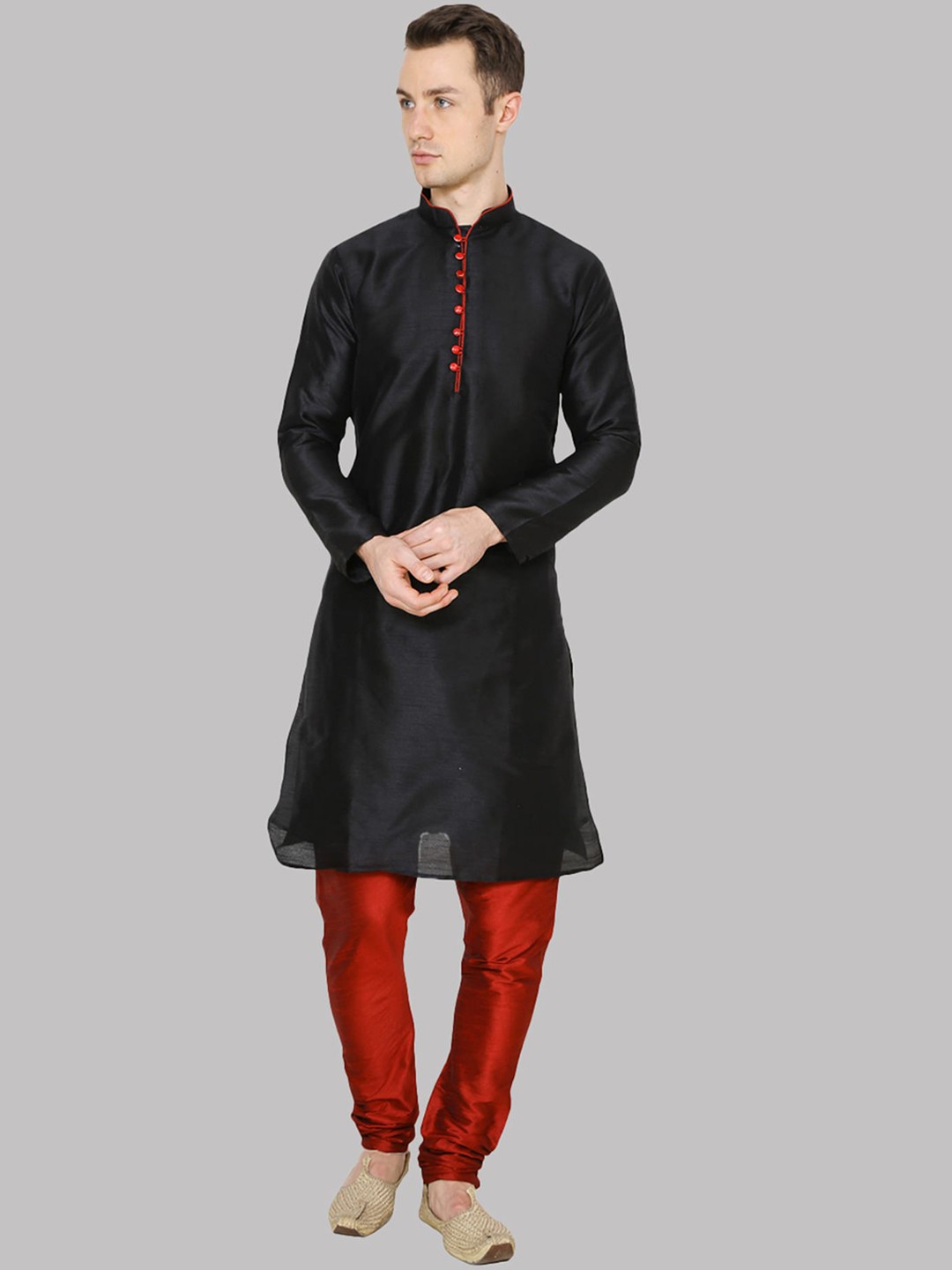 

ROYAL KURTA Men Black Dupion Silk Kurta with Churidar