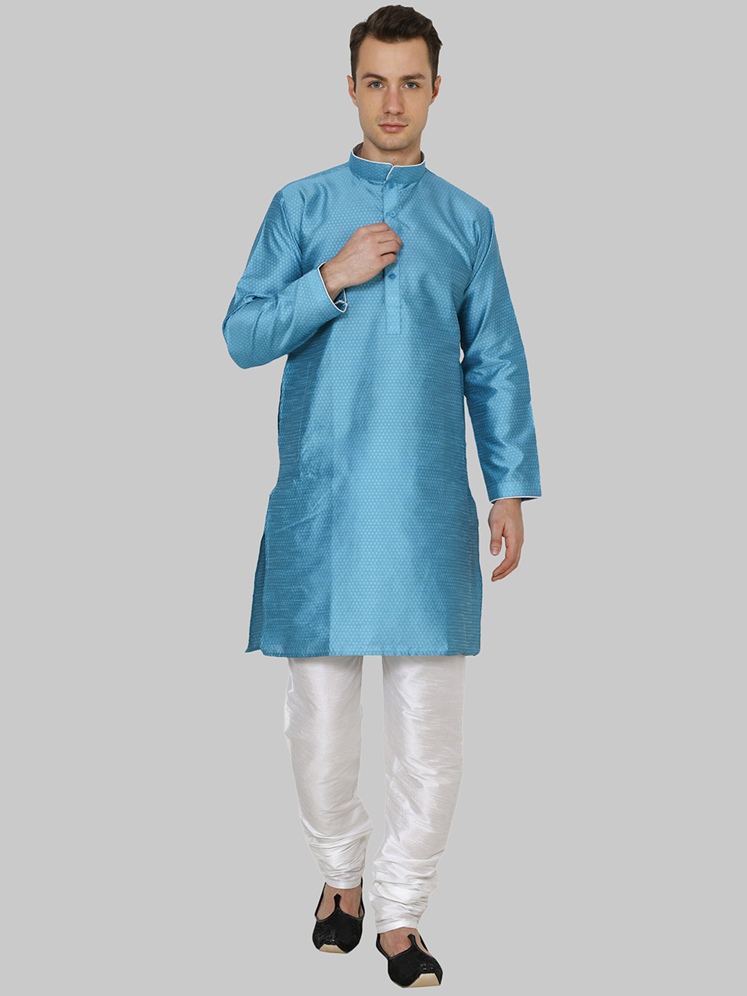 

ROYAL KURTA Men Turquoise Blue Dupion Silk Kurta with Pyjamas