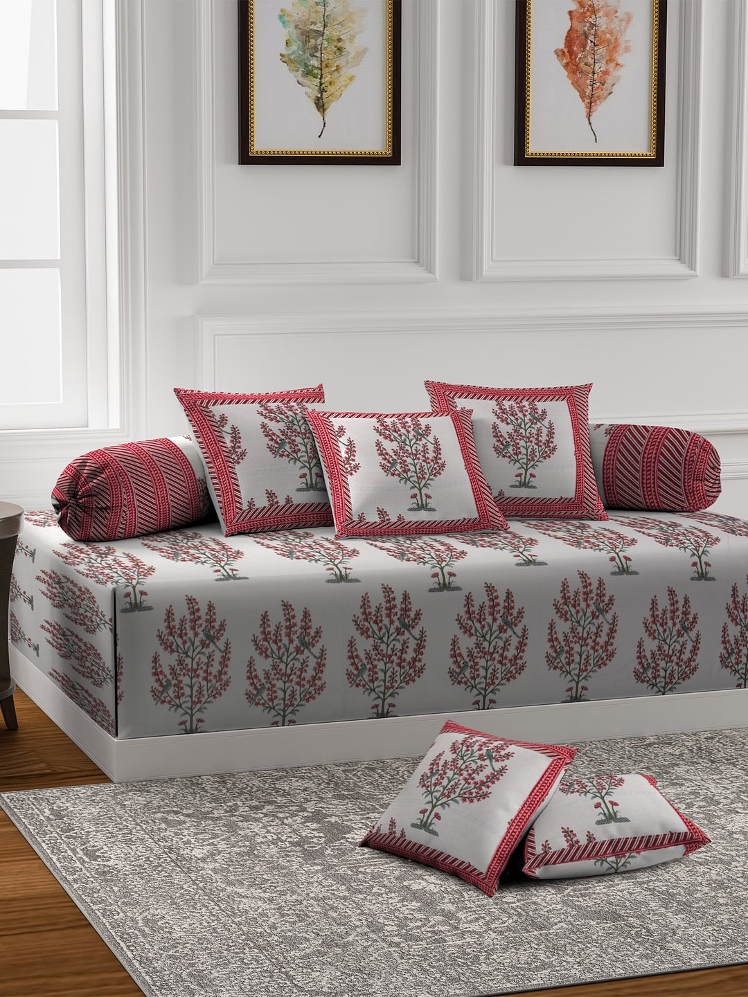 

Rajasthan Decor Set of 8 White & Red Floral Printed Diwan, Pink