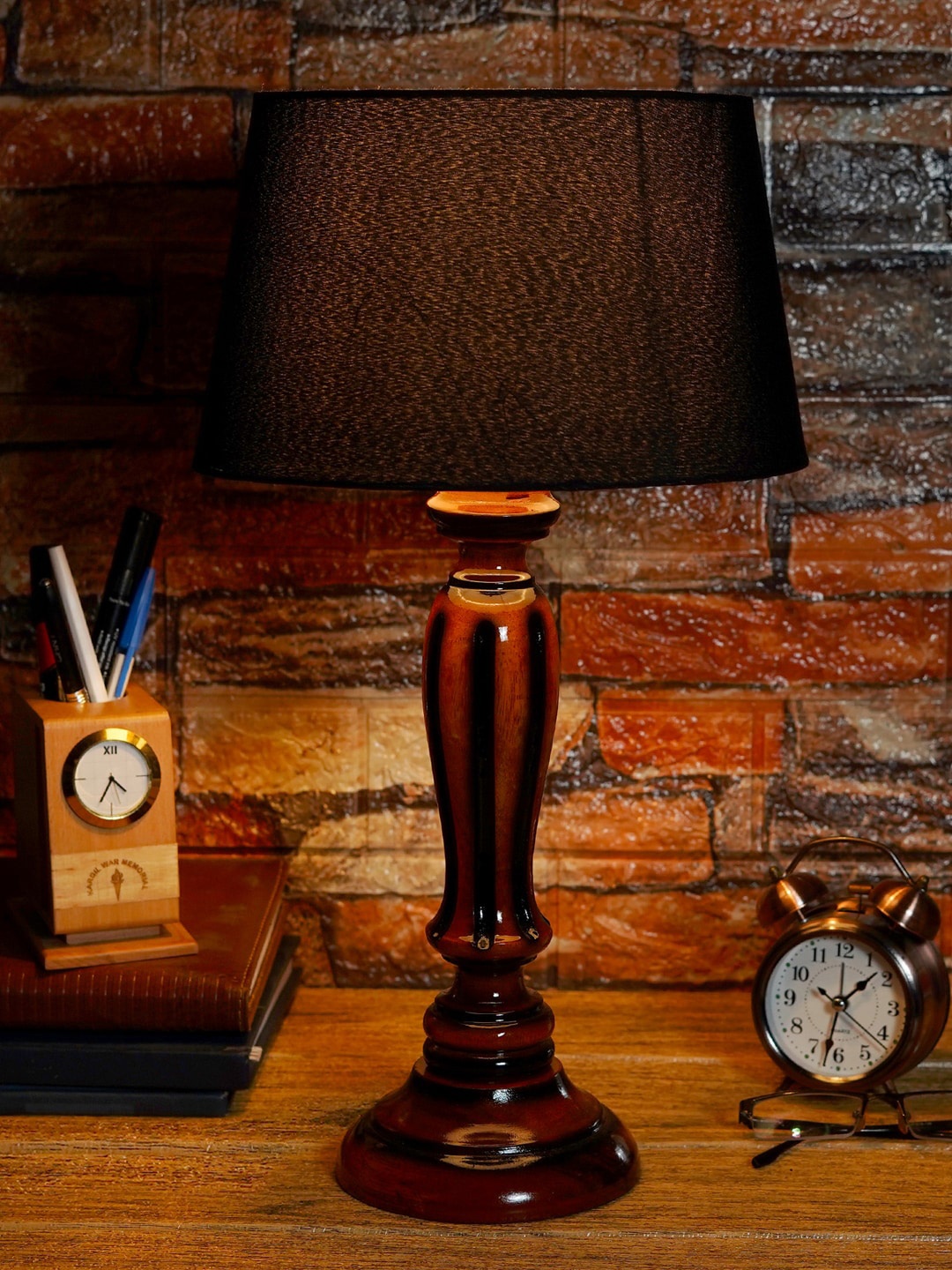 Foziq Brown & Black Solid Wooden Table Lamps