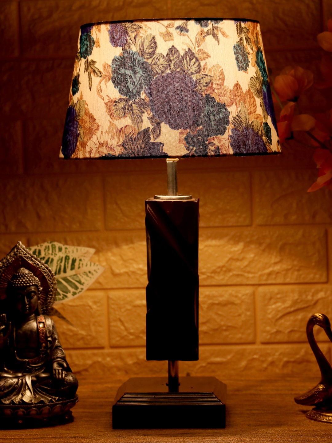 

foziq Brown & Blue Floral Printed Wooden Table Lamps
