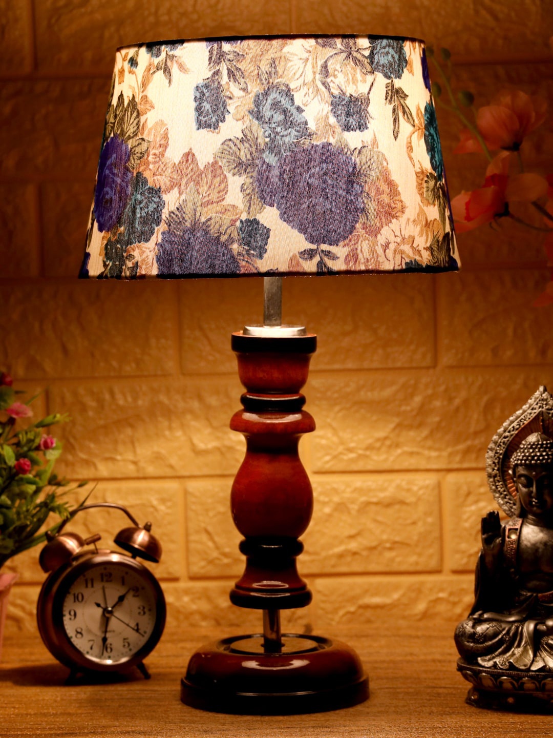 

foziq Brown & Blue Floral Printed Wooden Table Lamps