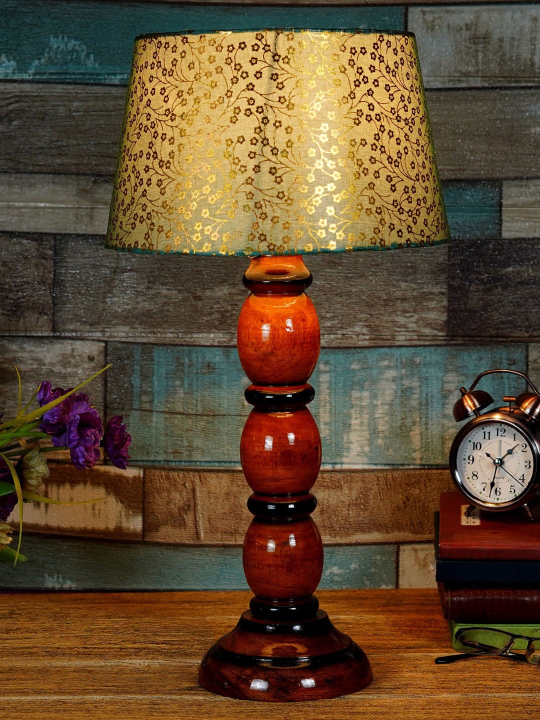 

foziq Brown & Gold-Toned Printed Wooden Table Lamps