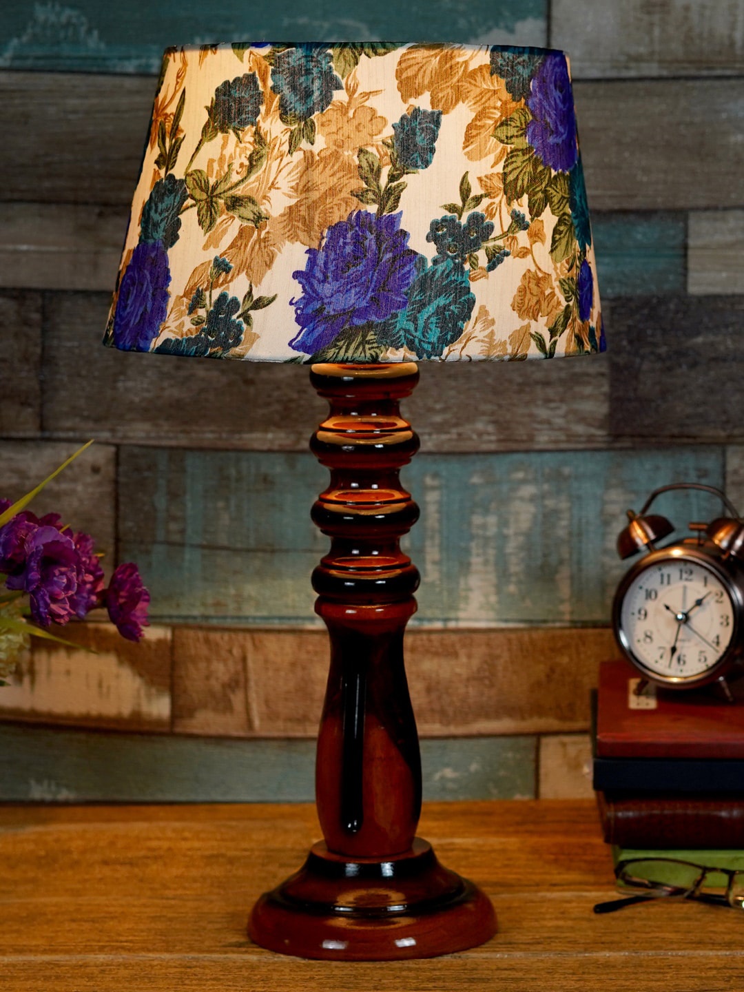 foziq Brown & Blue Printed Wooden Table Lamps