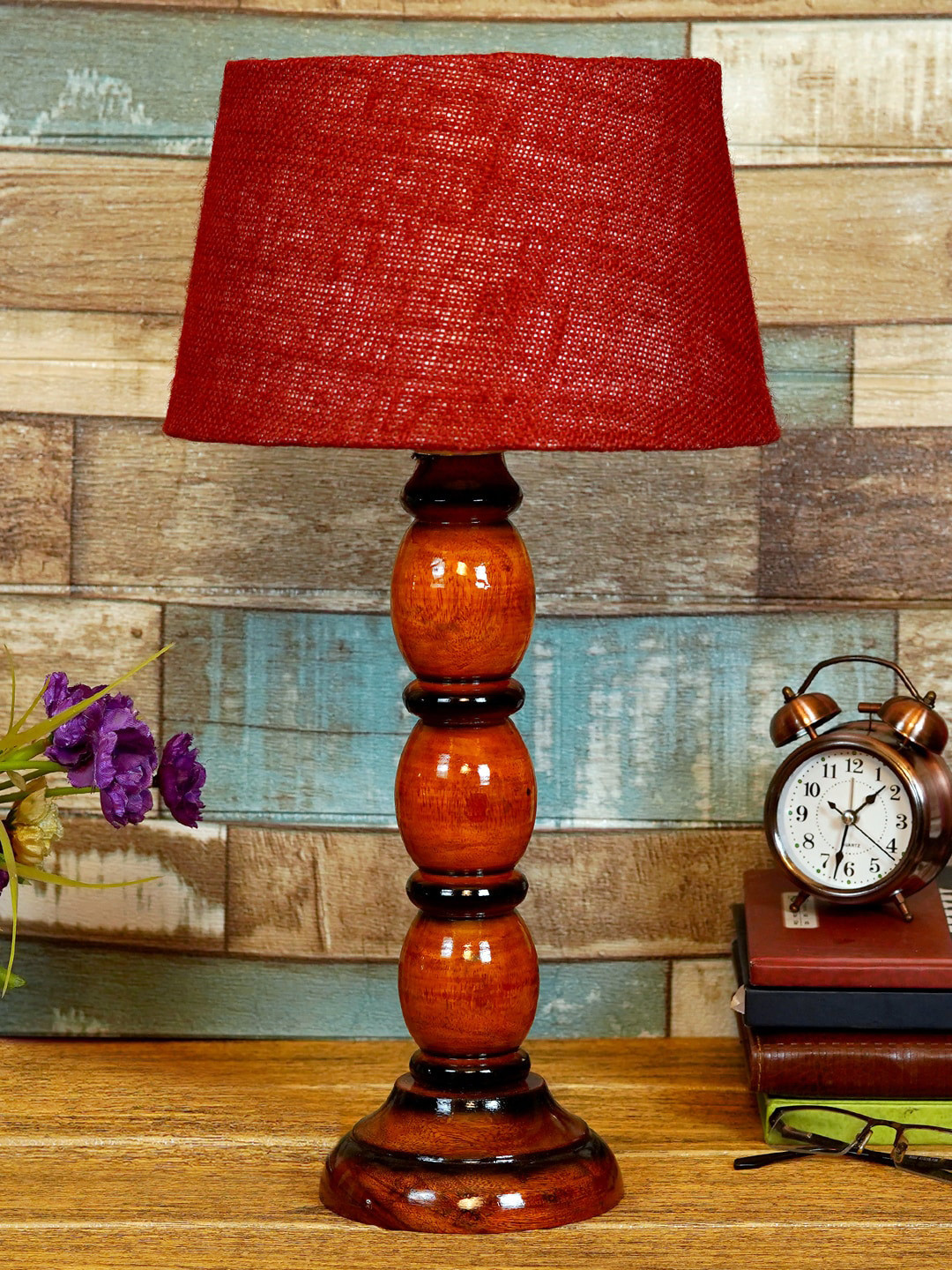 

foziq Brown & Red Textured Wooden Table Lamp