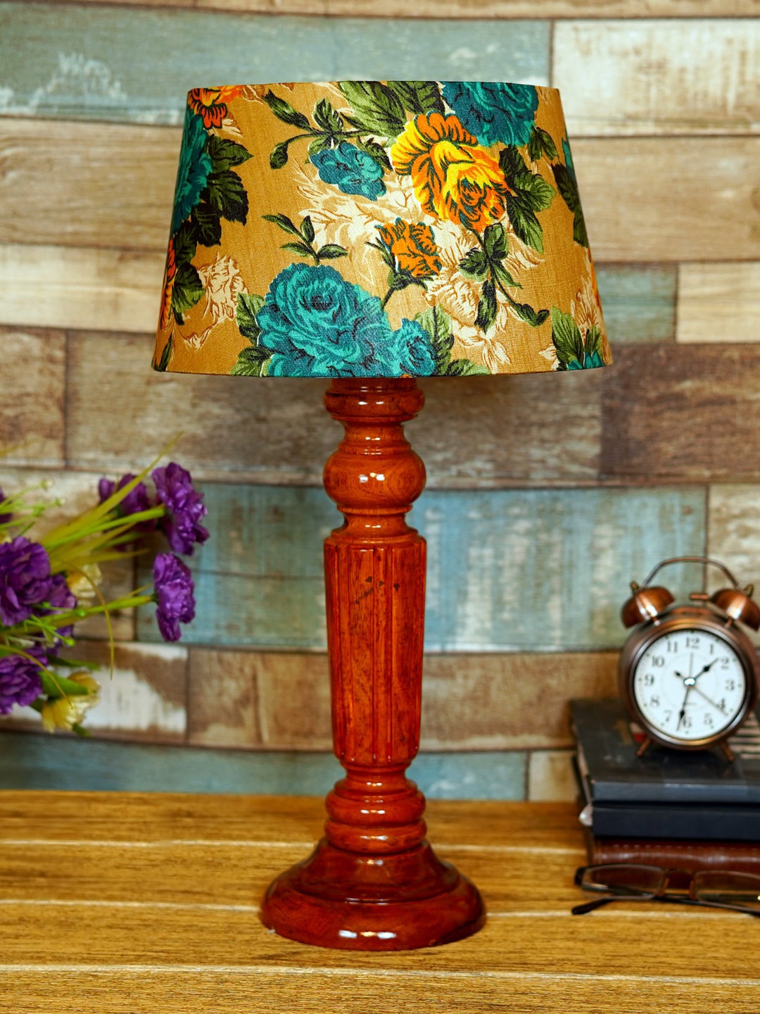 

foziq Brown & Yellow Printed Wooden Table Lamps