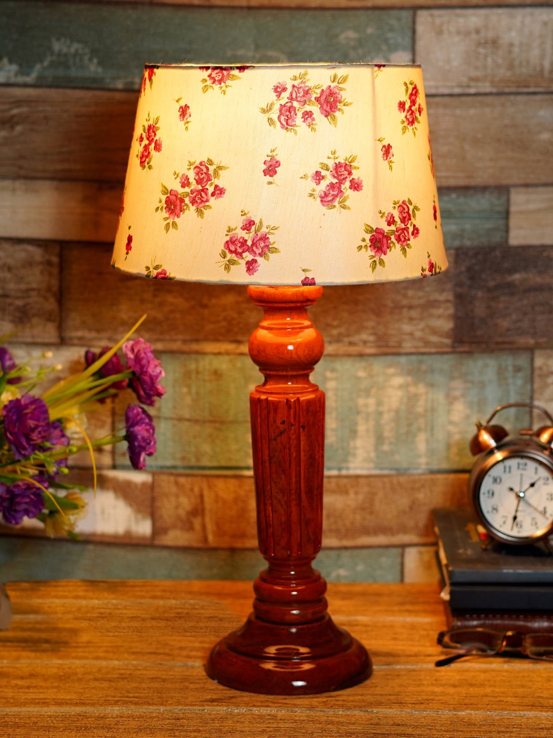 foziq Brown & Beige Printed Wooden Table Lamp