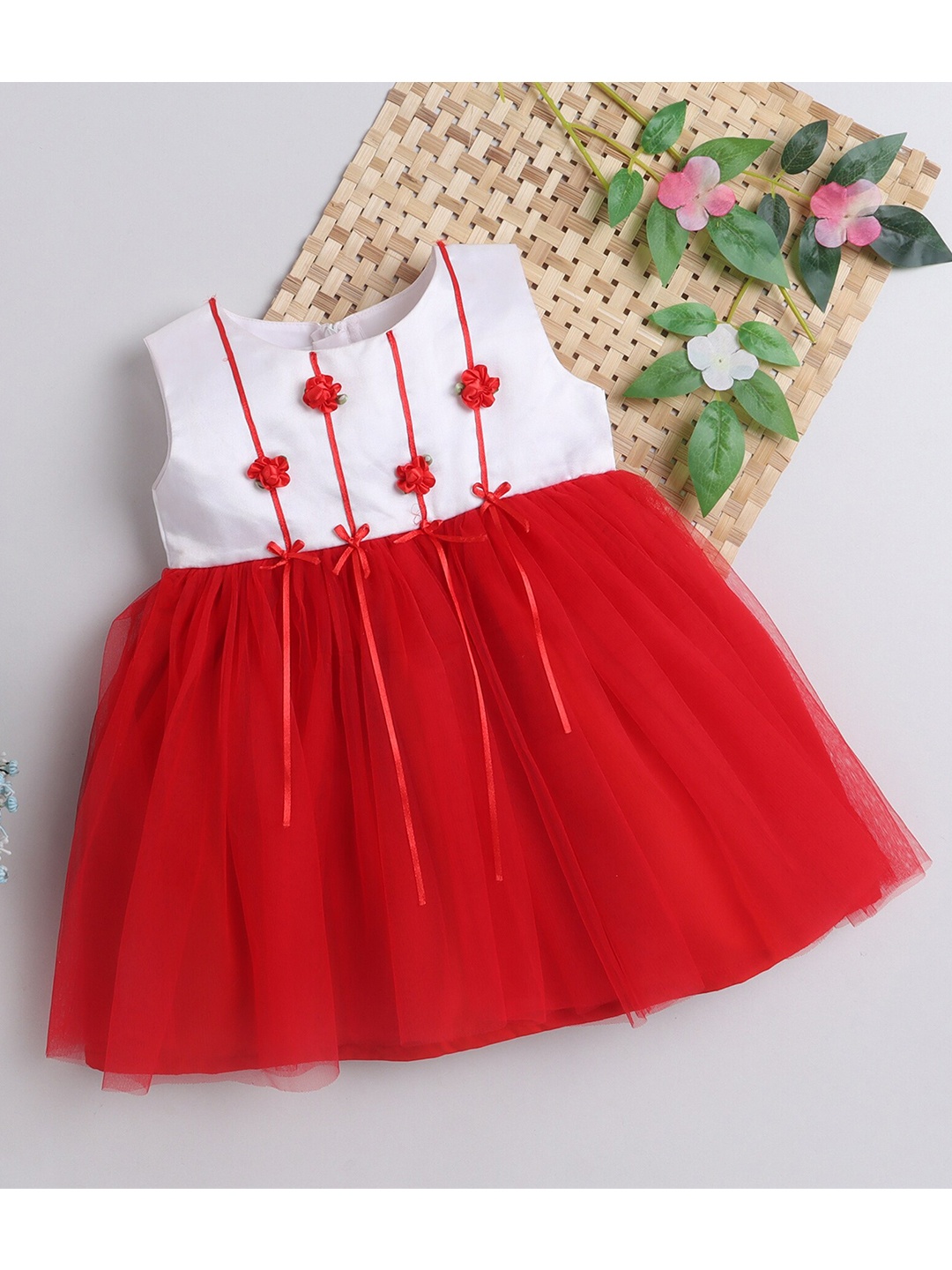 

MANY FROCKS &Girls Red Solid Fit and Flare Net Dress