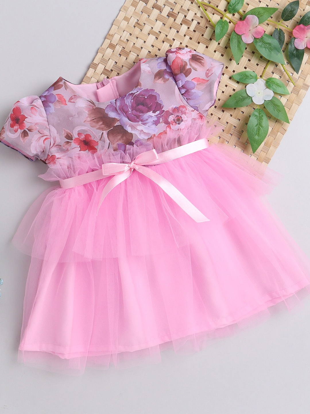 

MANY FROCKS & Girls Pink & Purple Floral Printed Net A-Line Dress