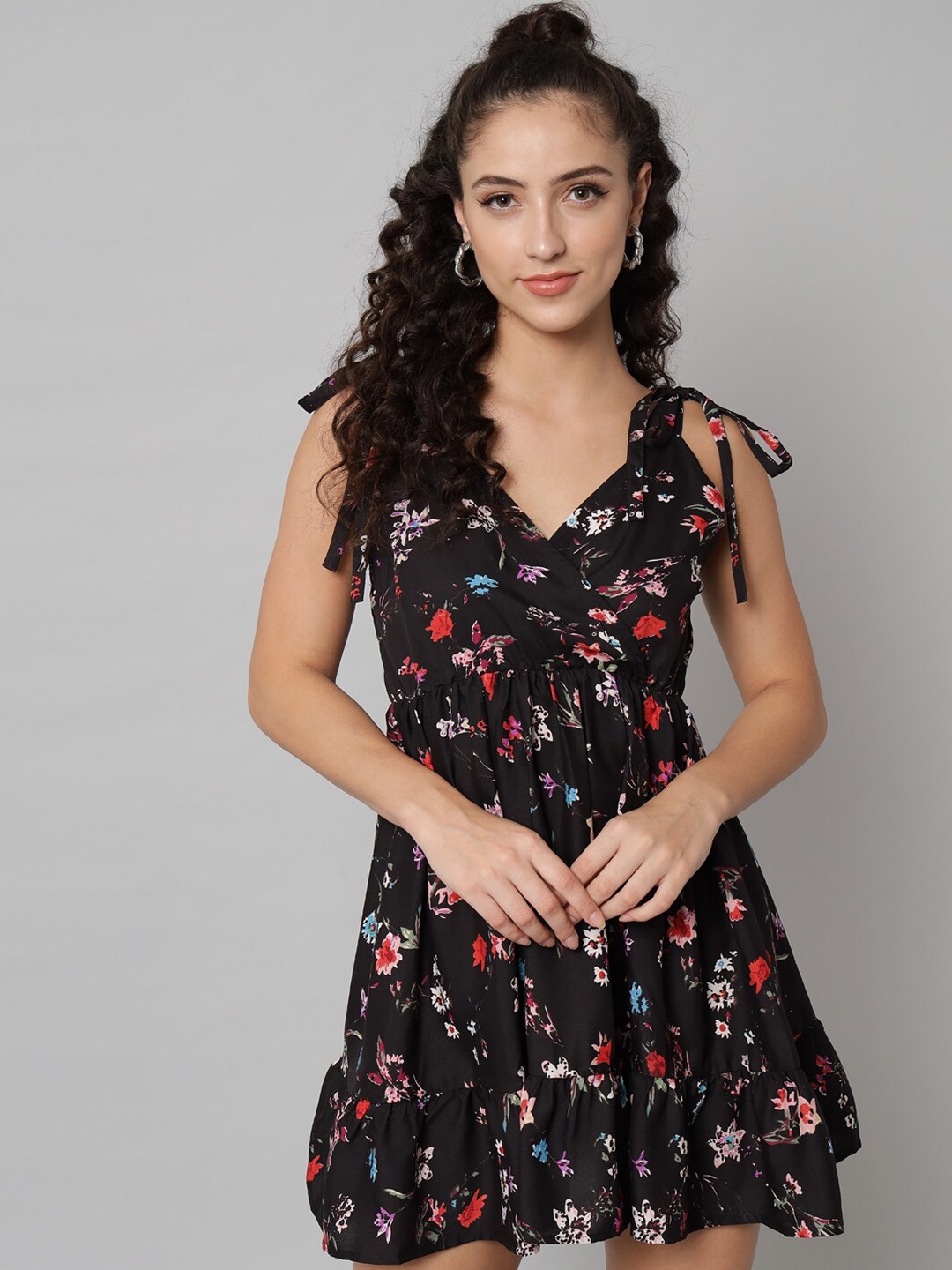 

emeros Black & Red Floral Print Crepe Mini Dress