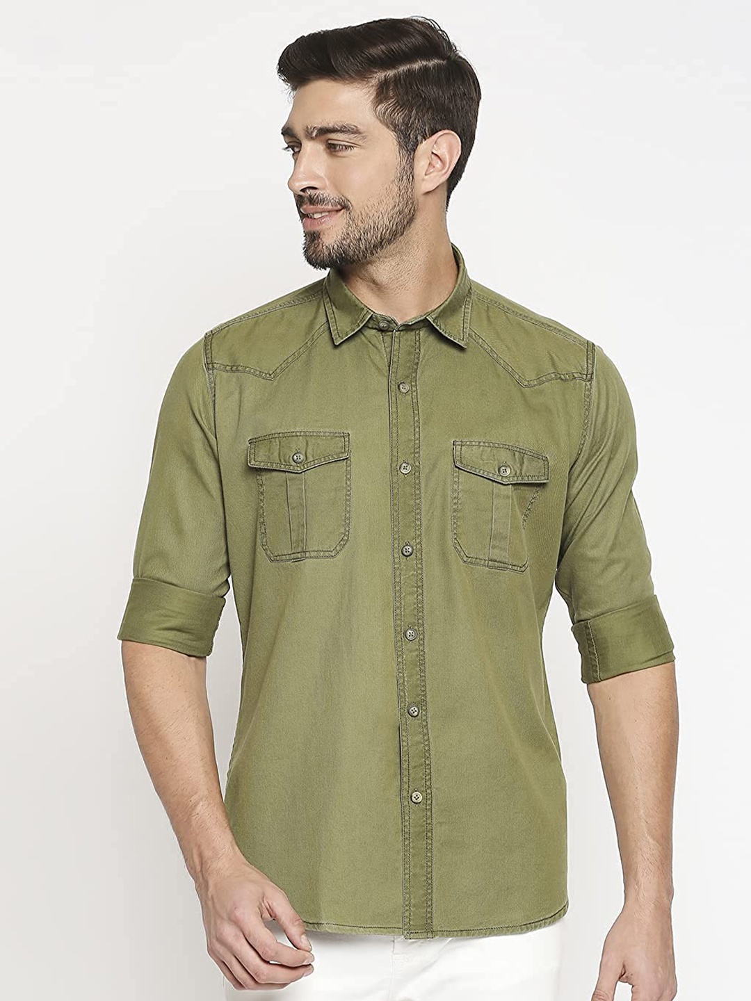 

EVOQ Men Pure Cotton Casual Shirt, Green