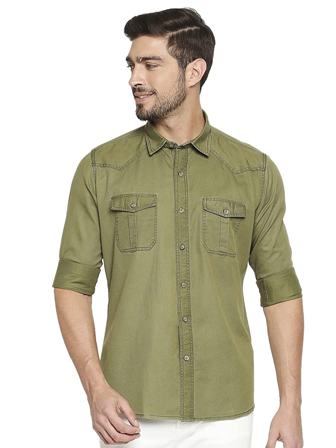 

EVOQ Men Pure Cotton Casual Shirt, Green