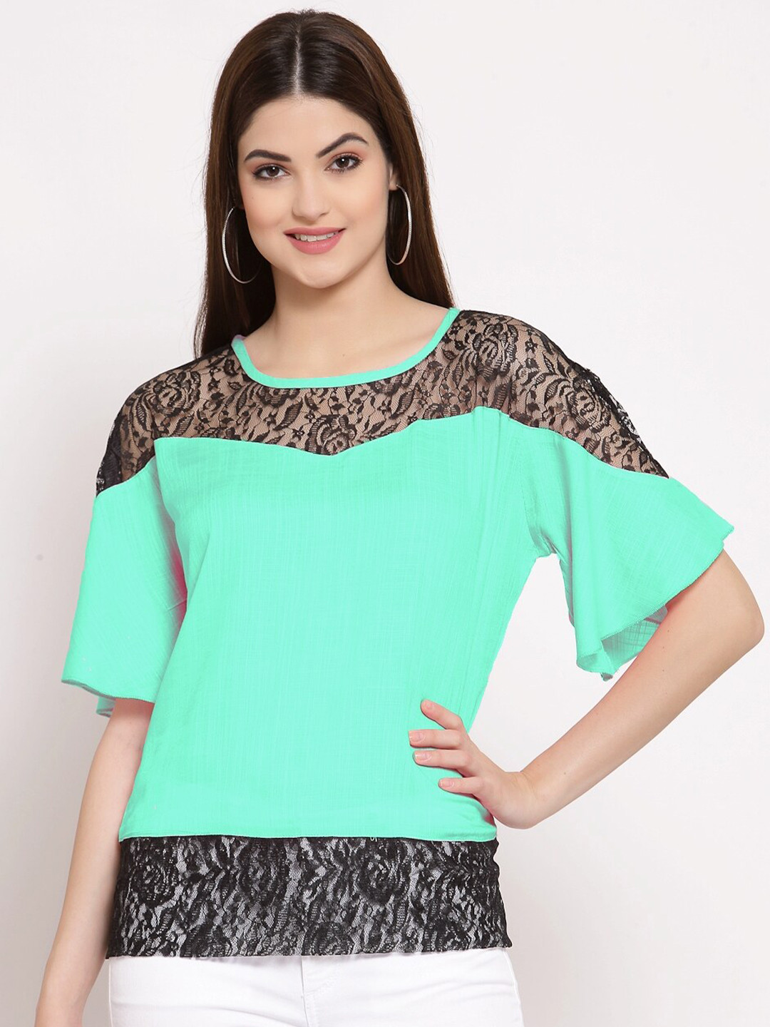 

PATRORNA Women Sea Green & Black Top
