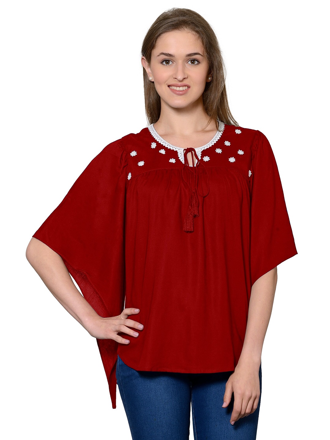 

PATRORNA Women Maroon Floral Tie-Up Neck Top