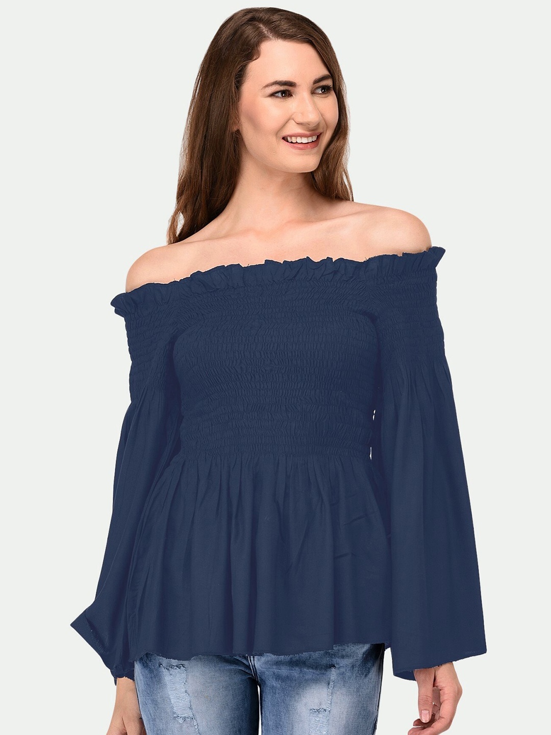 

PATRORNA Women Grey Off-Shoulder Bardot Top