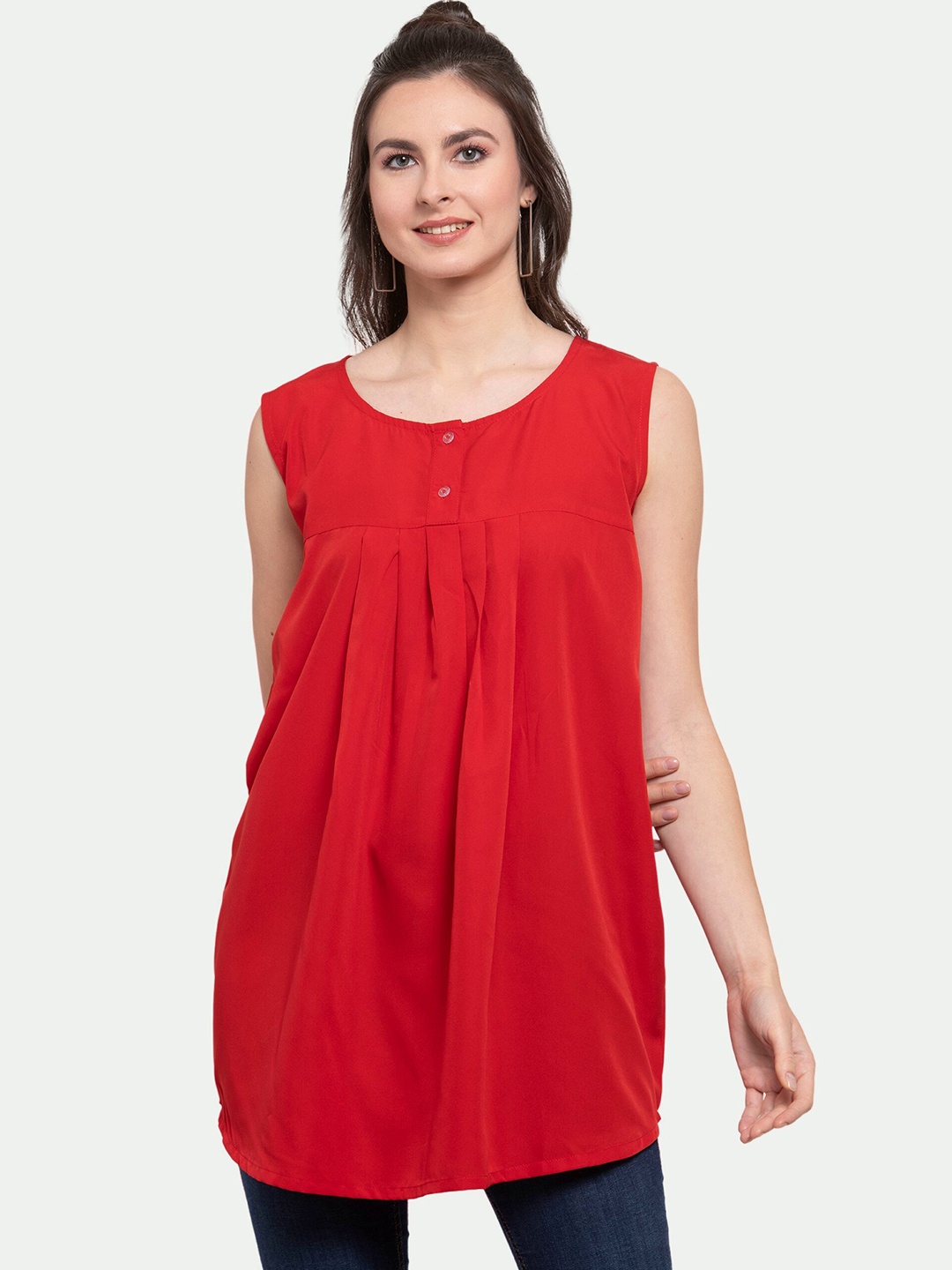

PATRORNA Women Red Solid Pleated Longline Top