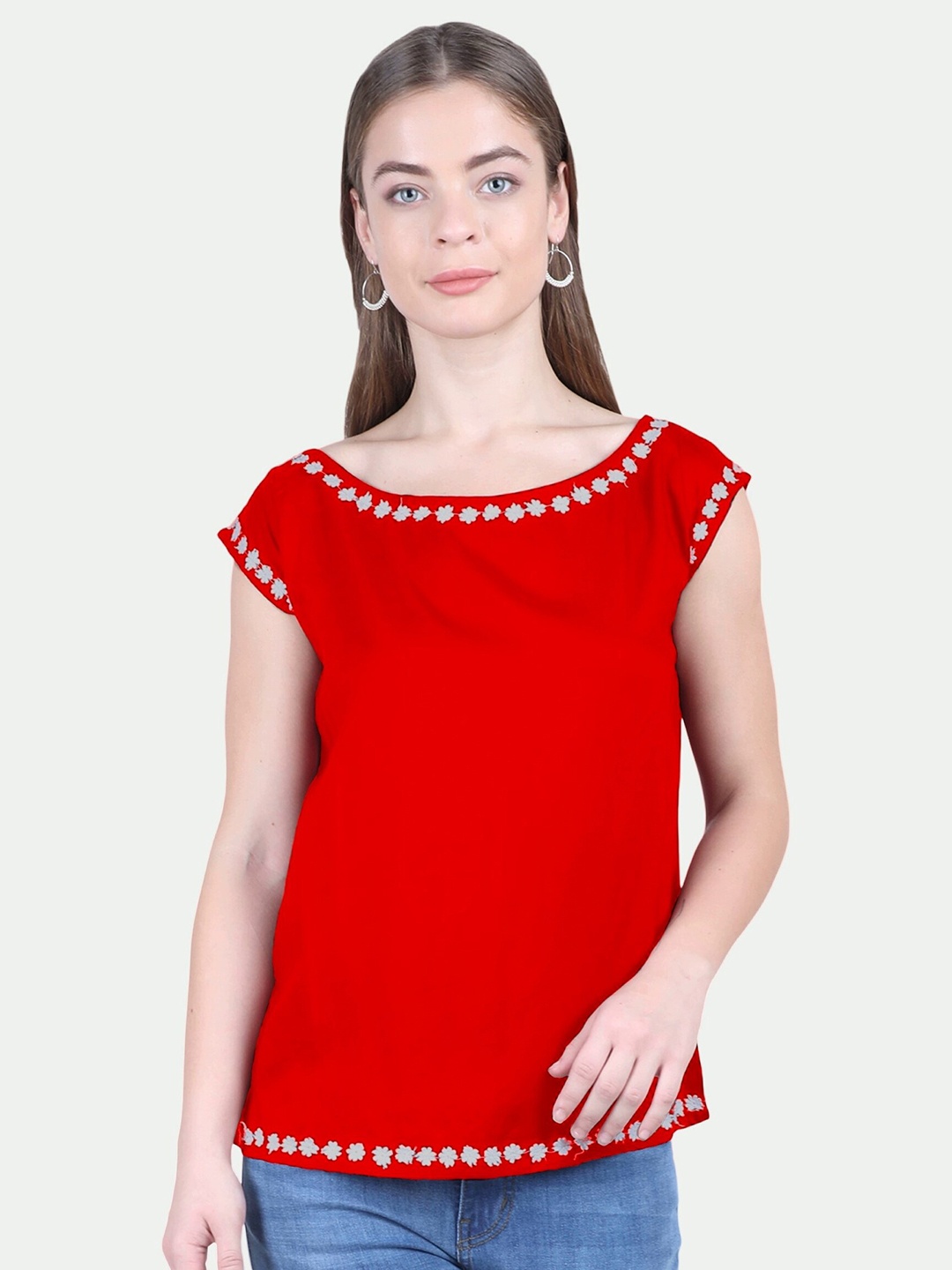 

PATRORNA Women Red Solid Extended Sleeves Top