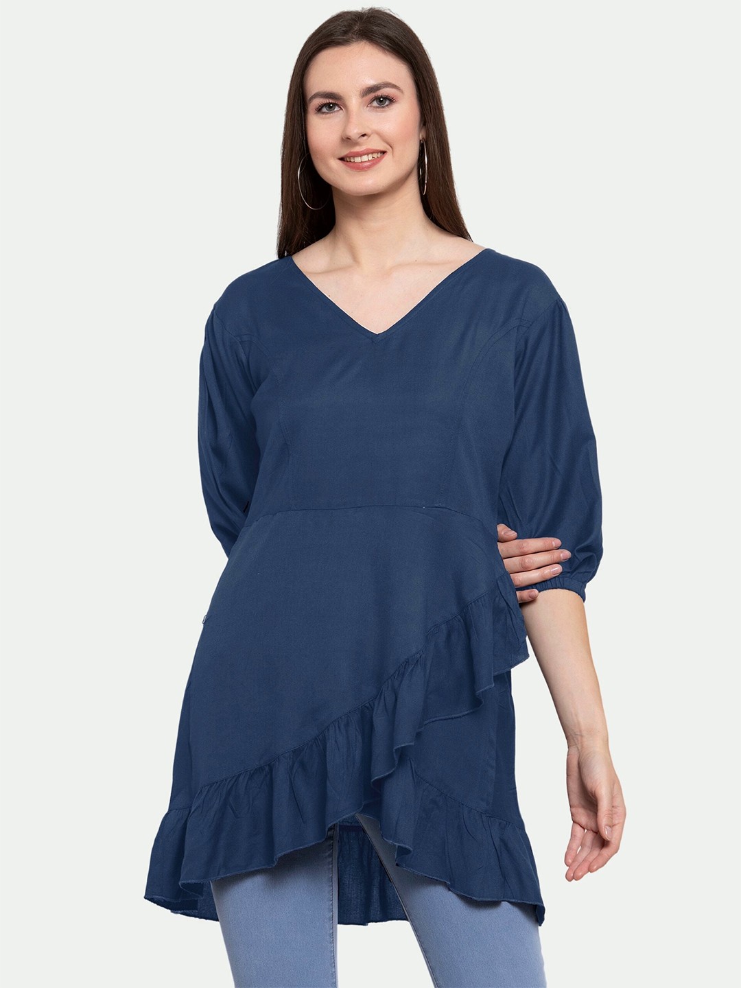 

PATRORNA Women Grey Ruffles High-Low Longline Top
