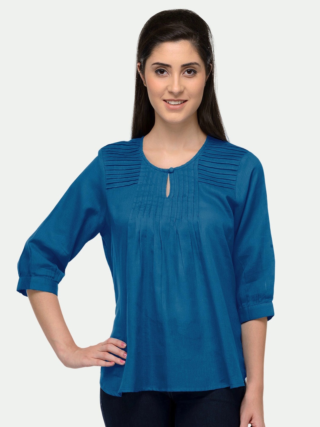 

PATRORNA Women Solid Keyhole Neck Top, Blue