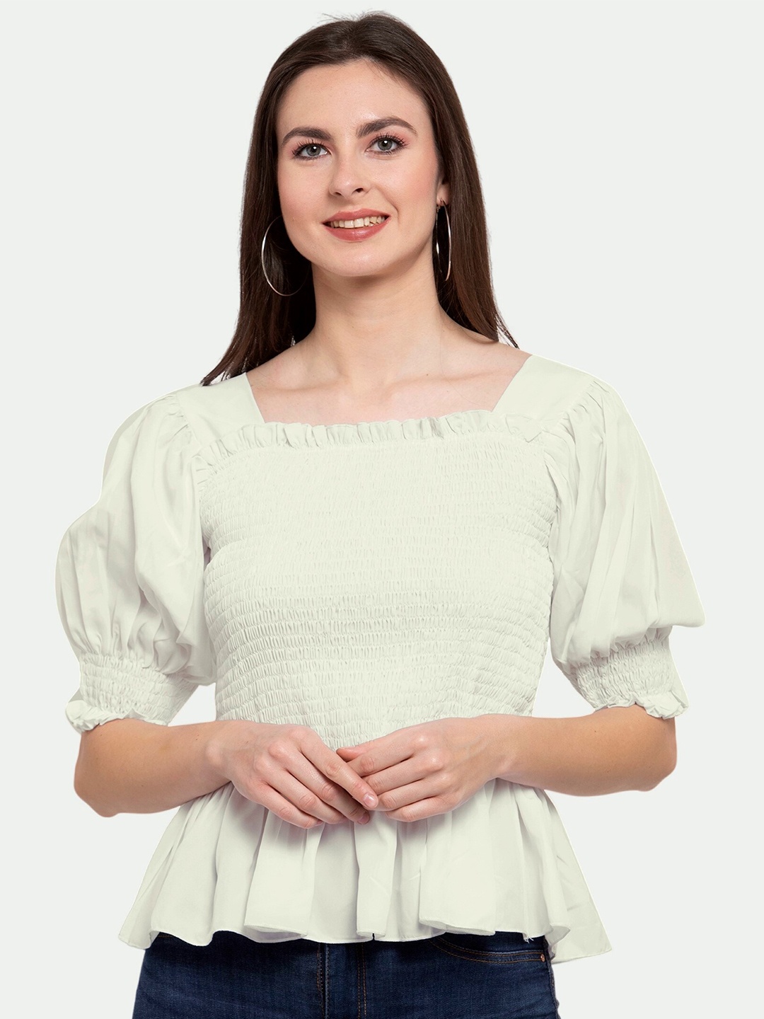

PATRORNA Women Solid Smocked Peplum Top, Off white