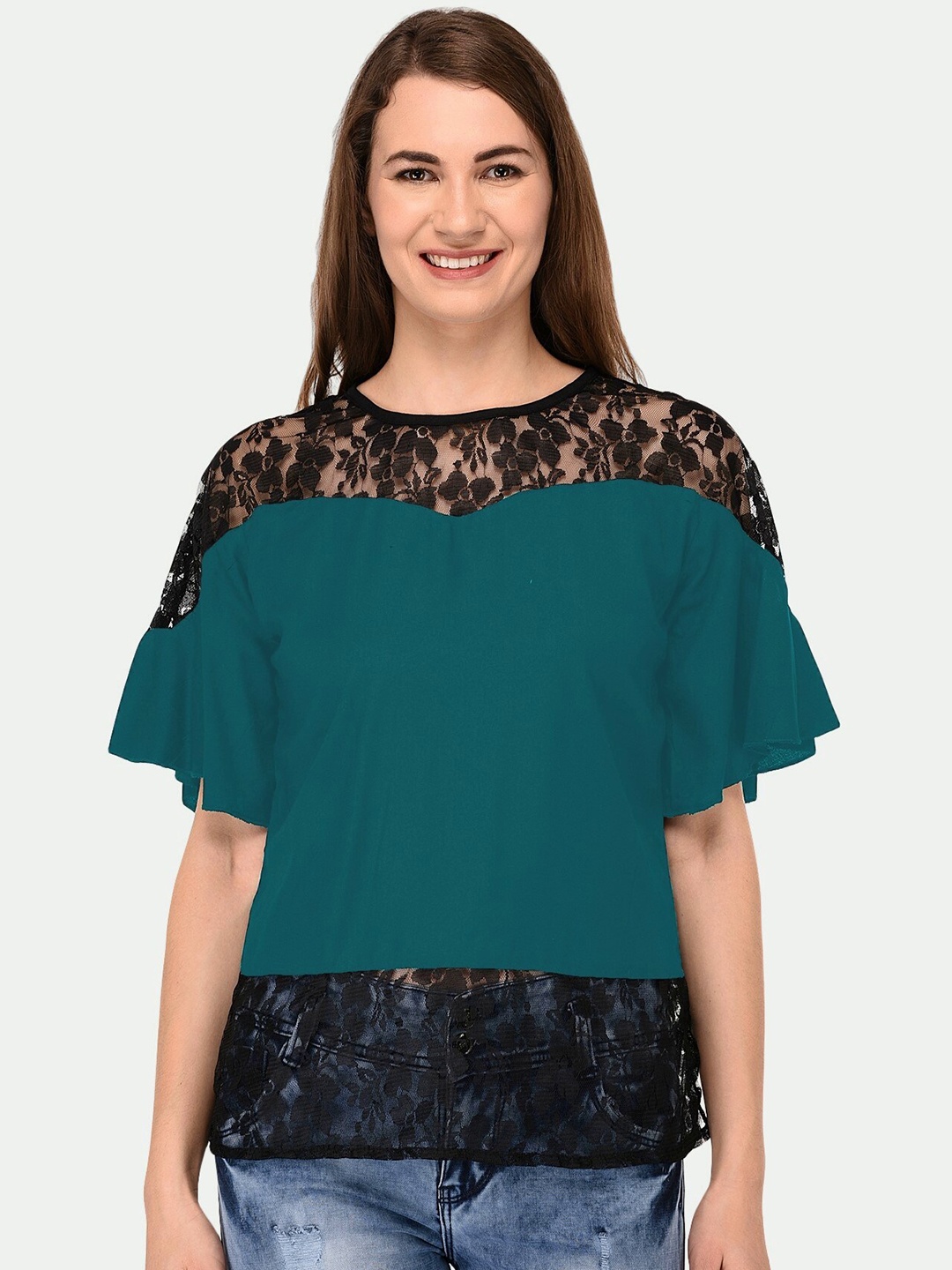 

PATRORNA Women Green & Black Solid Lace Top