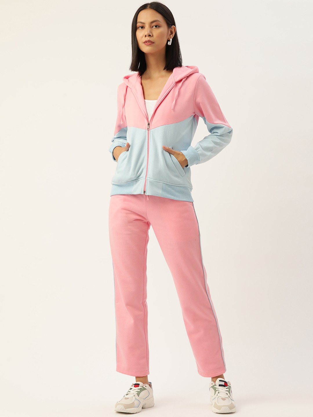 

Alsace Lorraine Paris Women Pink & Blue Colourblocked Fleece Tracksuit