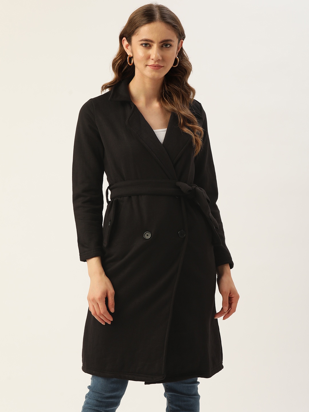 

Alsace Lorraine Paris Women Black Solid Double Breasted Longline Overcoat