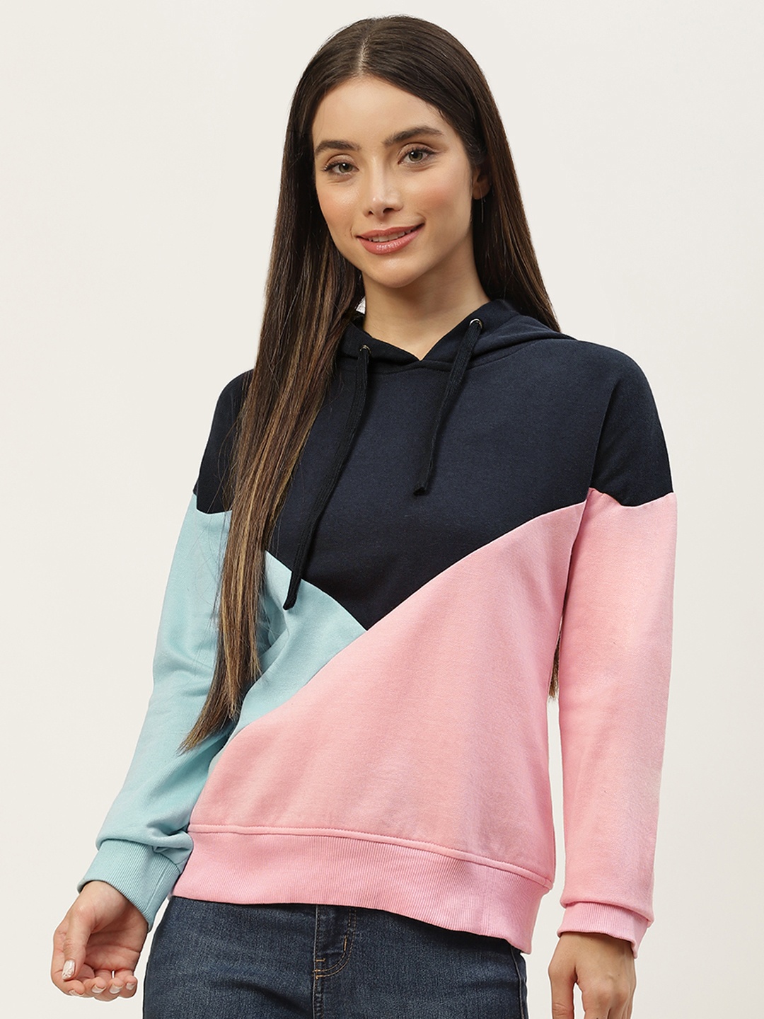 

Alsace Lorraine Paris Women Pink & Navy Blue Colourblocked Hooded Sweatshirt