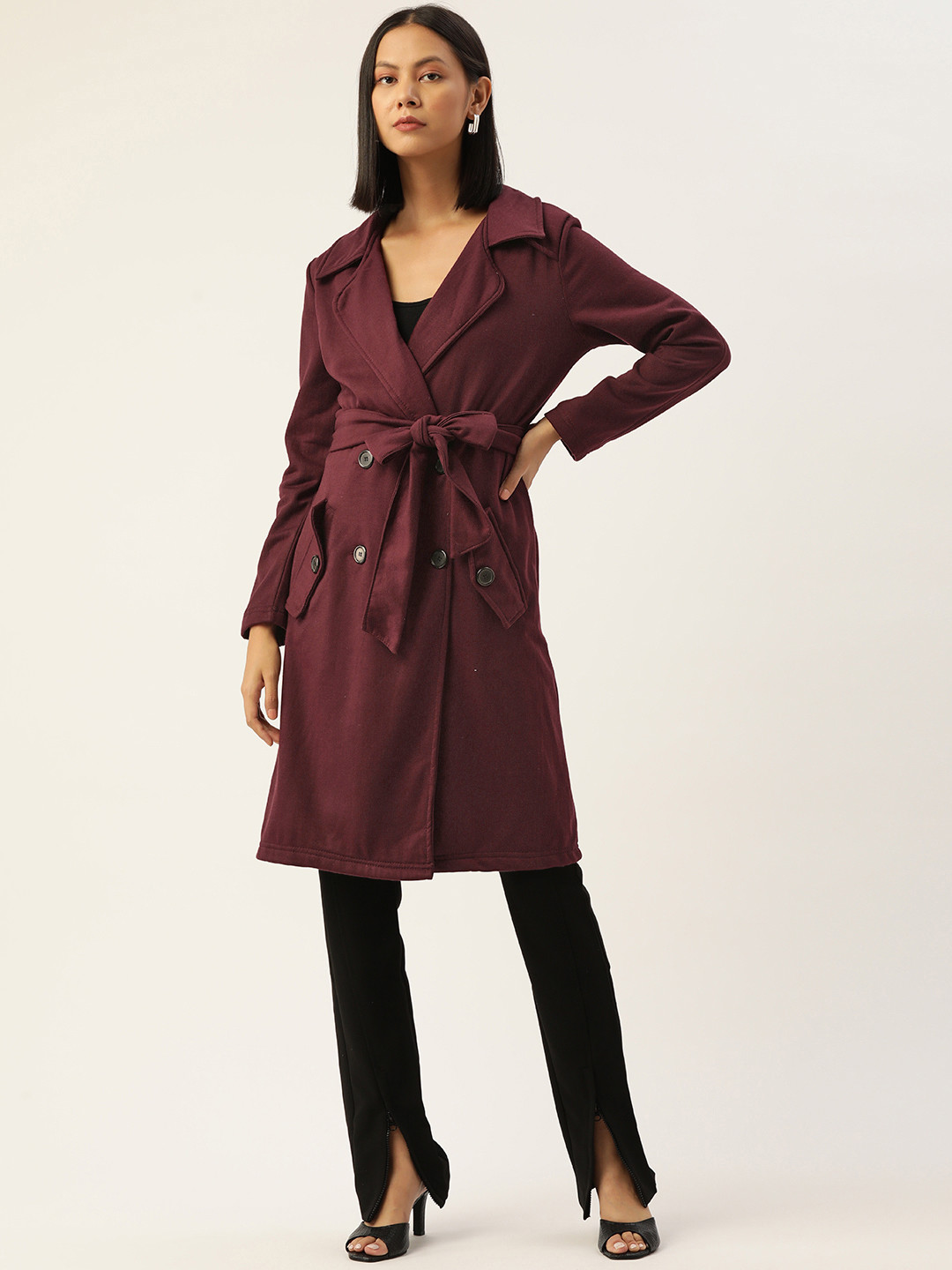 

Alsace Lorraine Paris Burgundy Solid Double Breasted Longline Overcoat