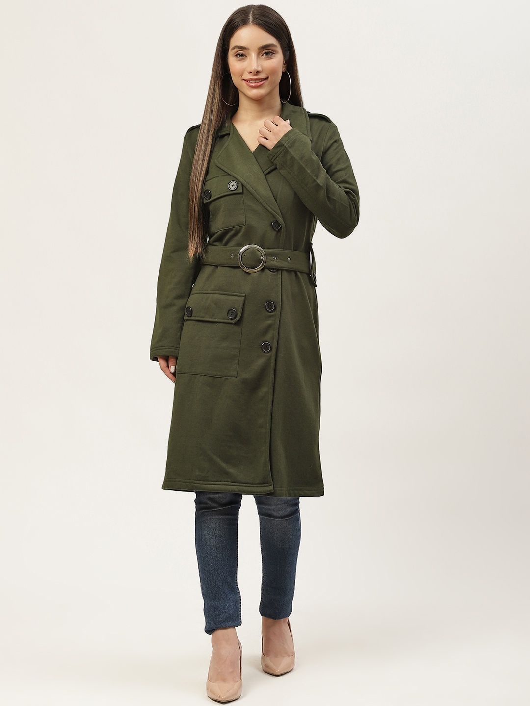 

Alsace Lorraine Paris Women Olive Green Solid Longline Overcoat